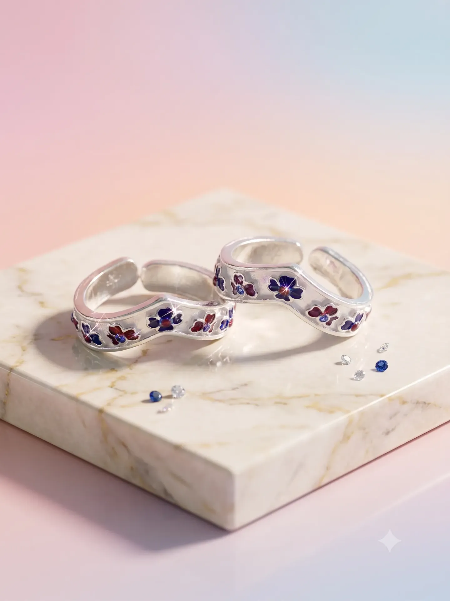 Sterling Silver Wavy Floral Meenakari Adjustable Toe Ring (Bichiya) Pair 17142/7 toe 4.33