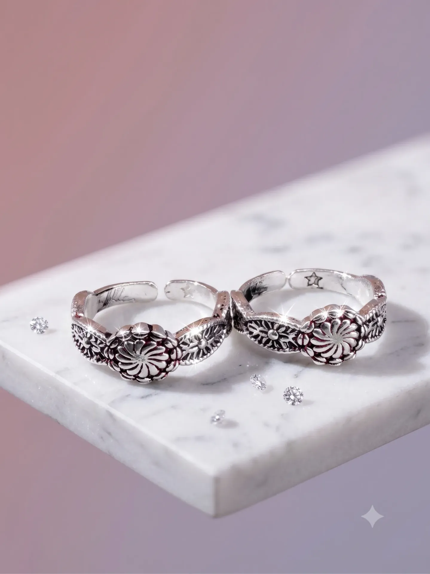 Oxidized Silver Floral Carved Adjustable Toe Ring (Bichiya) Pair 17142/8 toe 4.33
