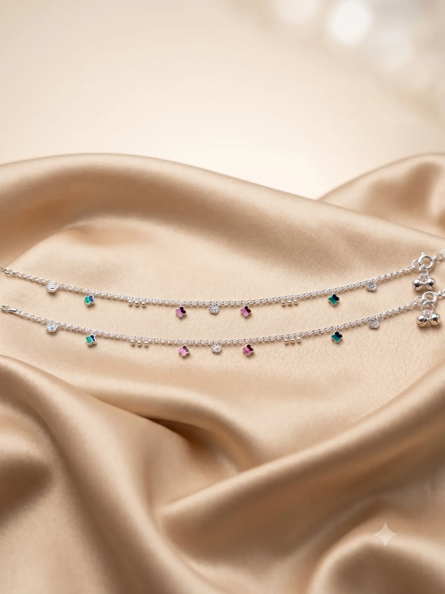 Sterling Silver Meenakari Floral Drop Anklet (Payal) Pair Payal 31.1 s10.5