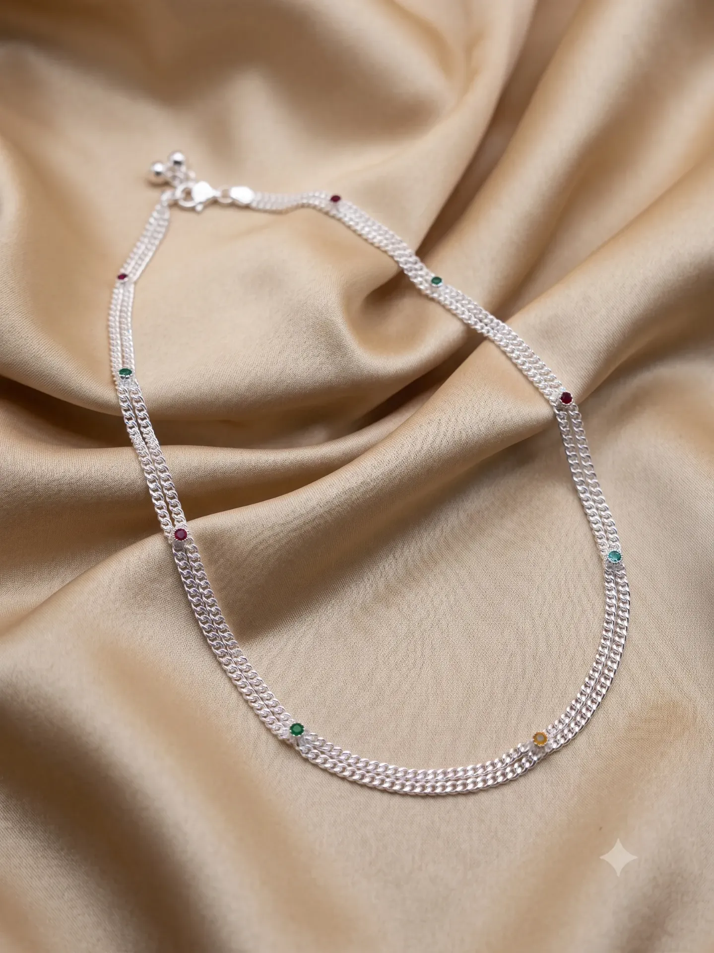 Sterling Silver Multi-Color Accent Bead Double Chain Baby Waist Band with Heart Clasp and Jingle Bells 15 s 10.32g c12921
