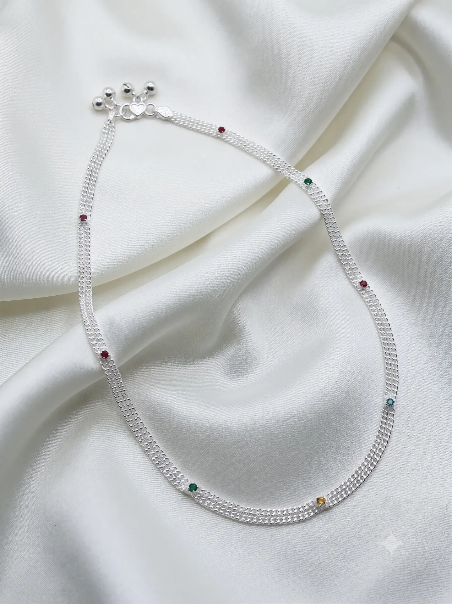 Sterling Silver Multi-Color Accent Bead Double Chain Baby Waist Band with Heart Clasp and Jingle Bells s19 11.81g c12921