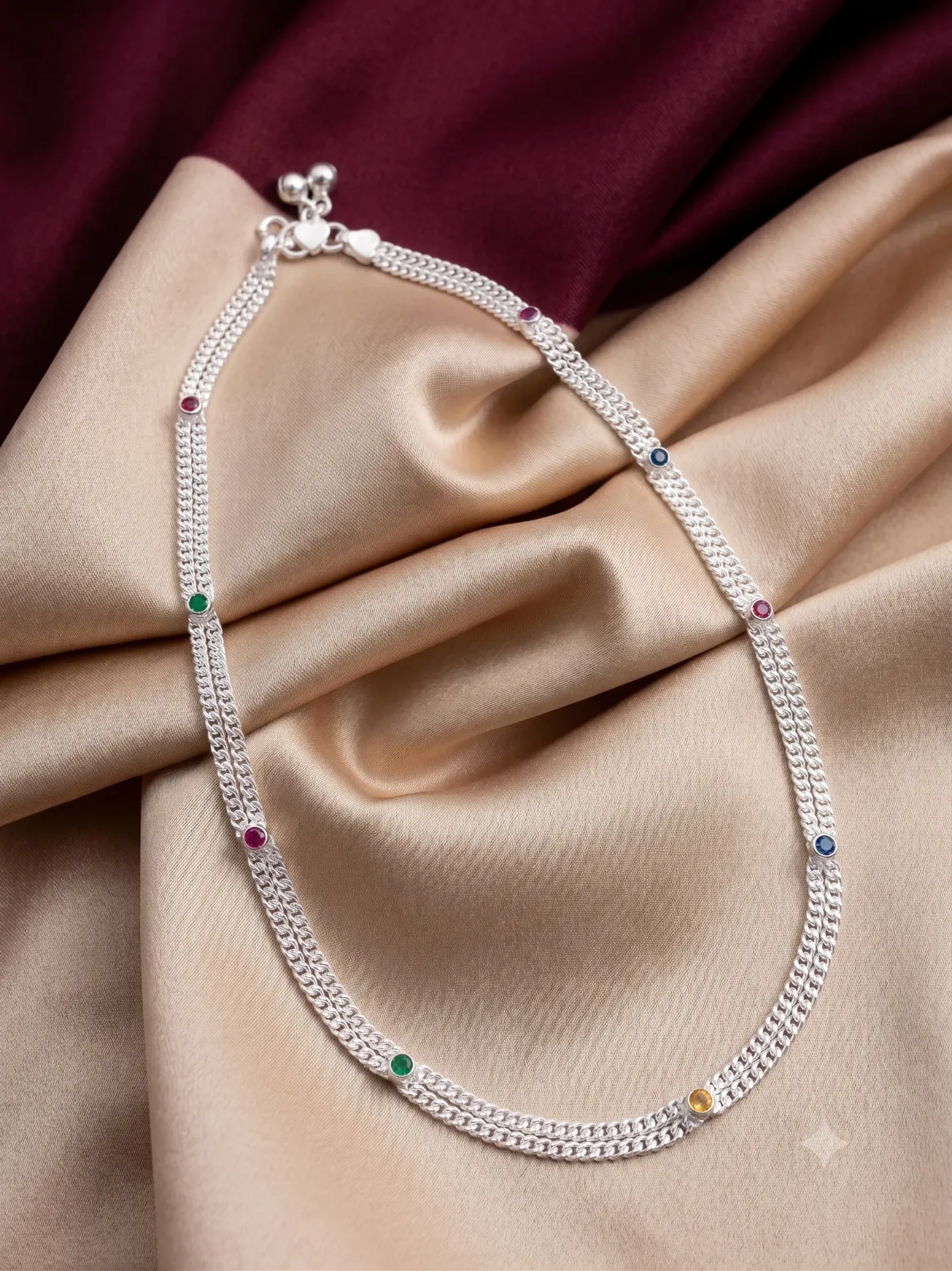 Sterling Silver Multi-Color Accent Bead Double Chain Baby Waist Band with Heart Clasp and Jingle Bells s17 10.75g c12921g