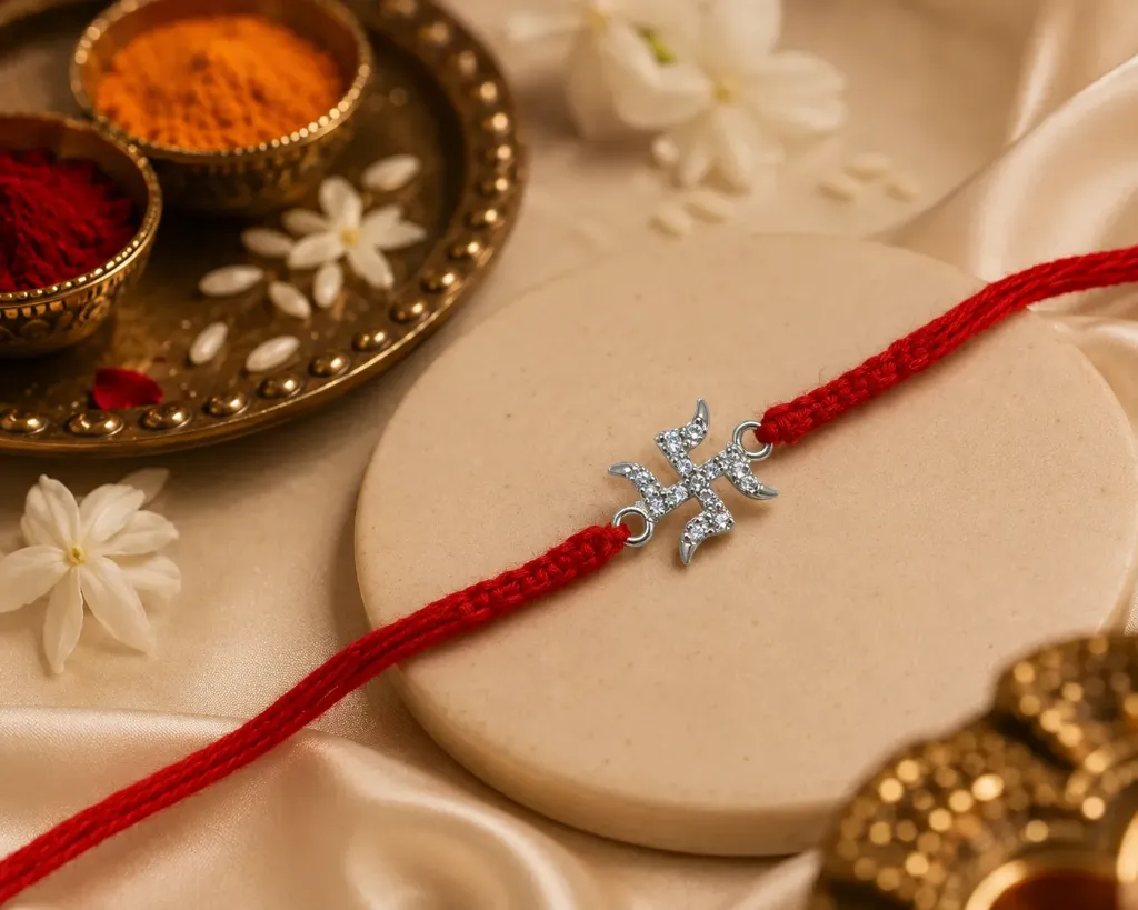Silver Finish Clear Zirconia Rakhi Bracelet with Swastika Centerpiece