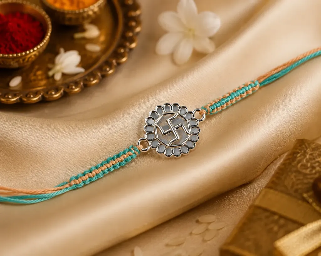 Silver Finish Teal & Peach Braided Rakhi with Floral Swastika Centerpiece