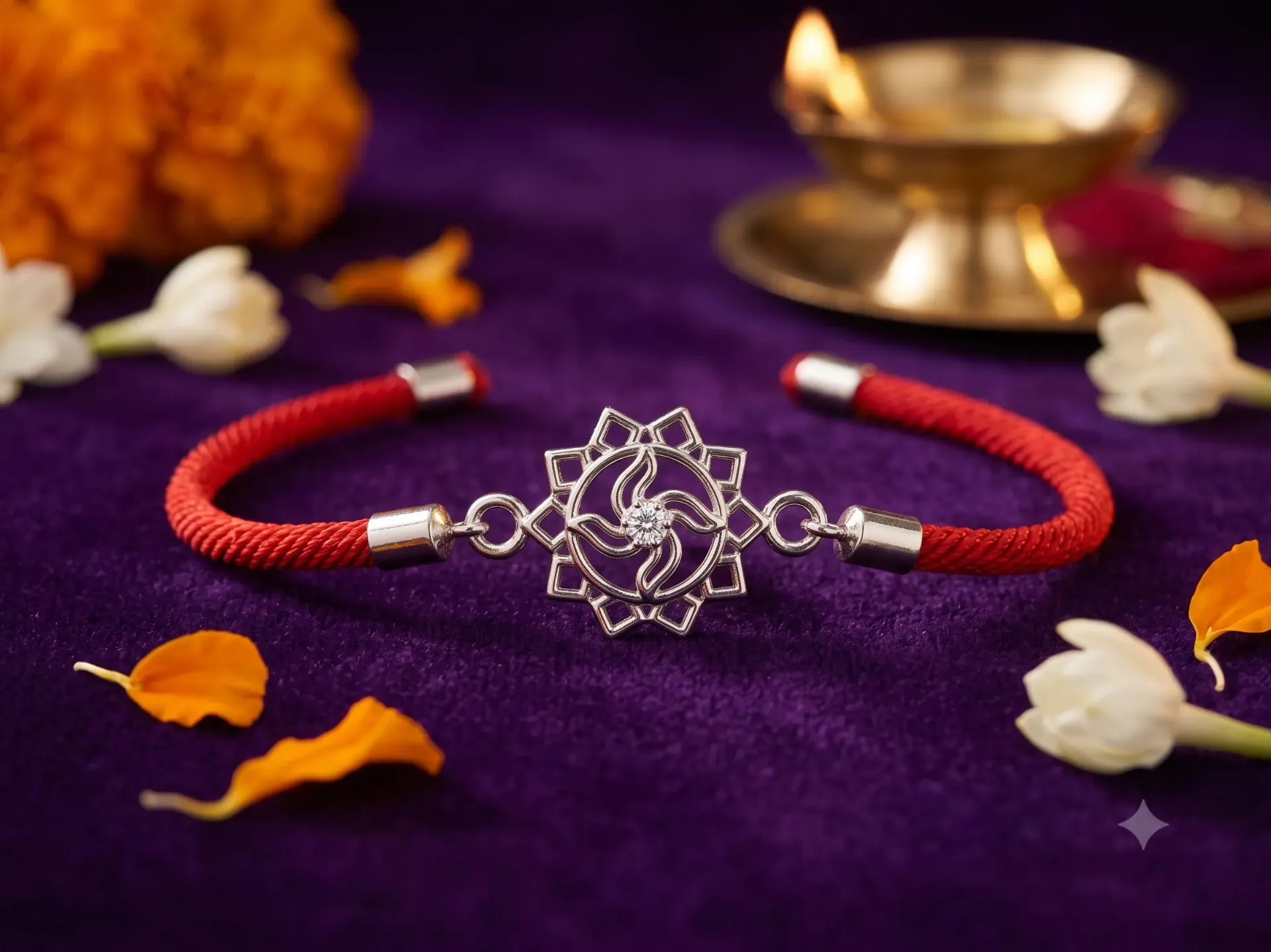 Silver Finish Clear Zirconia Rakhi Bracelet with Geometric Swastika Centerpiece
