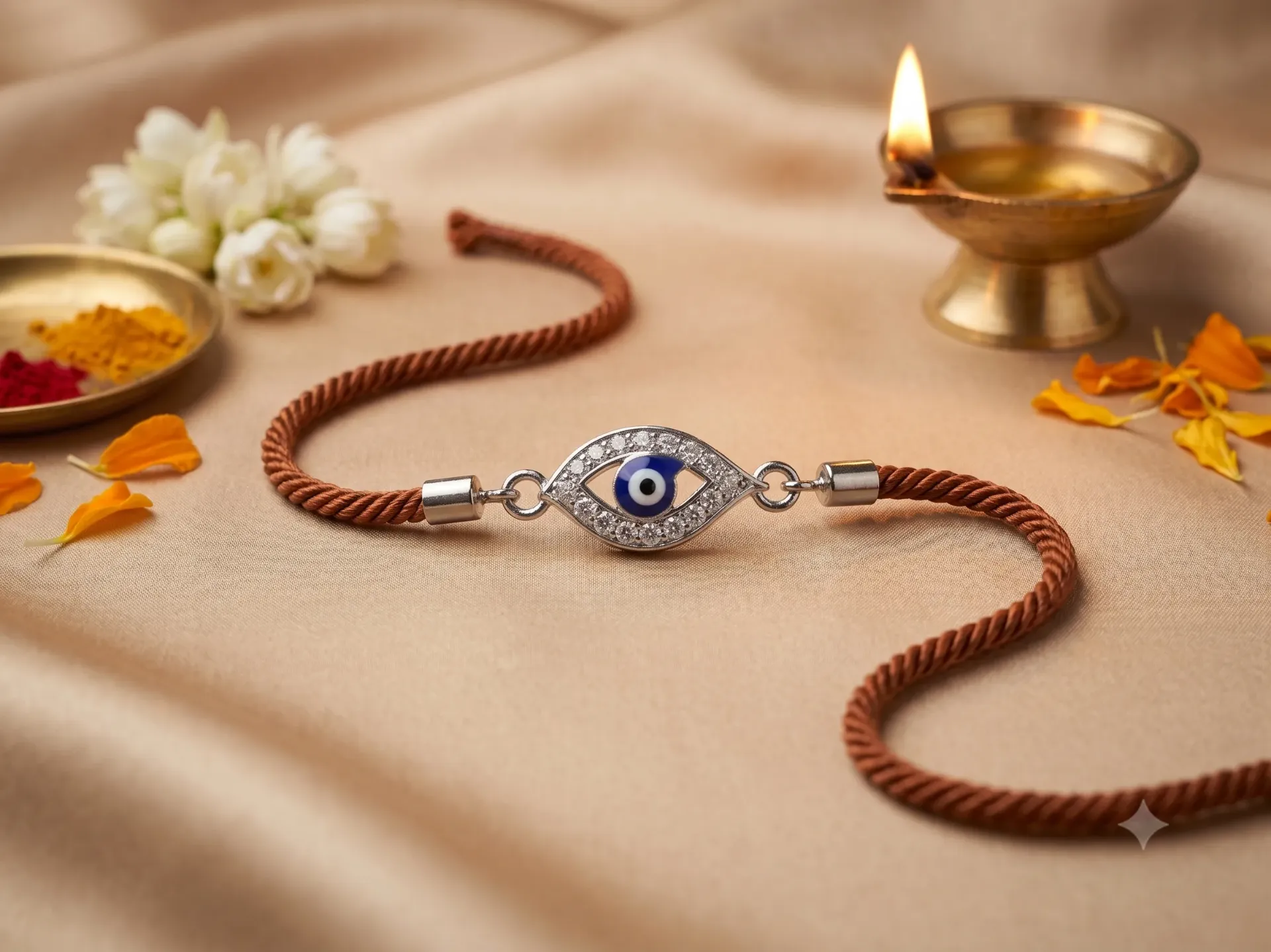 Silver Finish Blue Enamel Evil Eye Rakhi Bracelet with Zirconia Accents
