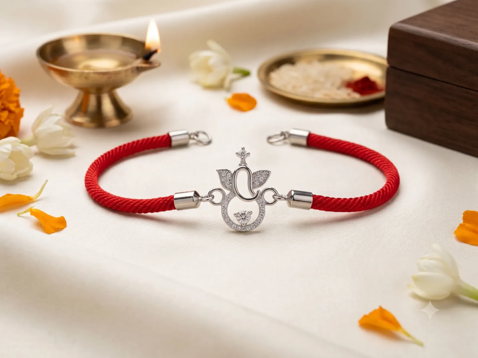 Silver Finish Clear Zirconia Rakhi Bracelet with Ganesha Centerpiece