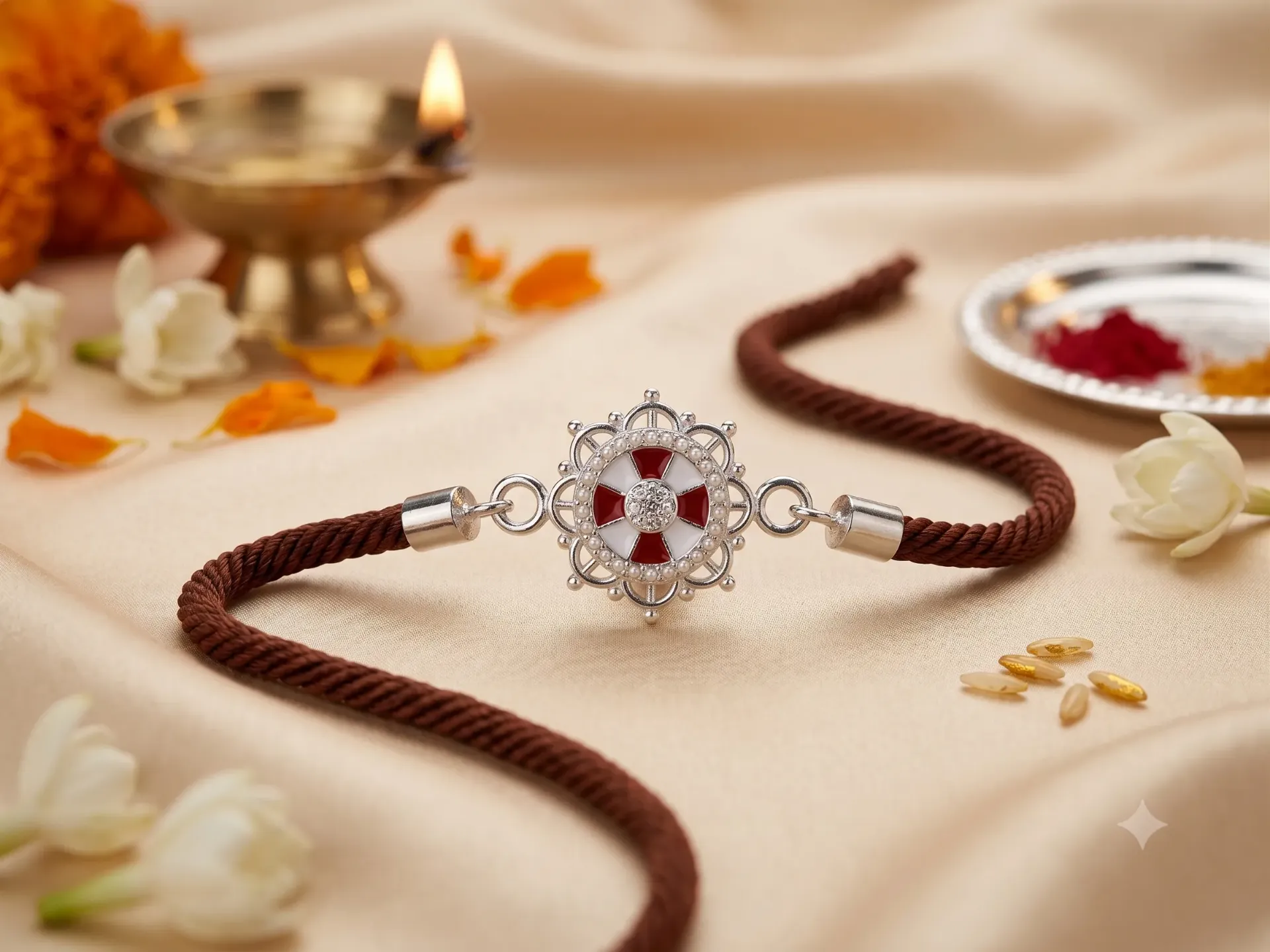 Silver Finish Red and White Enamel Rakhi Bracelet with Pearl Mandala Centerpiece