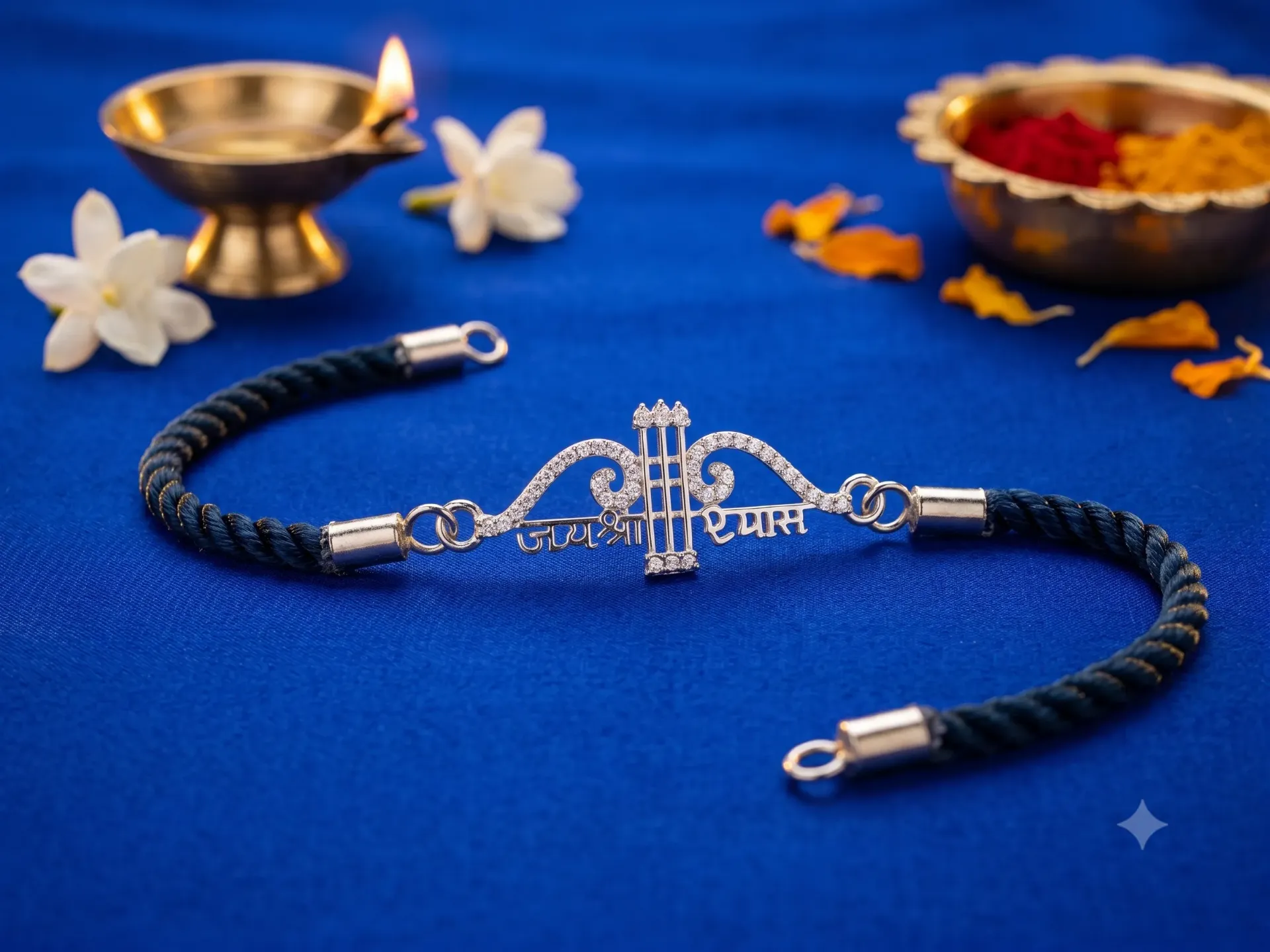 Silver Finish Clear Zirconia Rakhi Bracelet with Jai Shri Ram Bow & Arrow Centerpiece