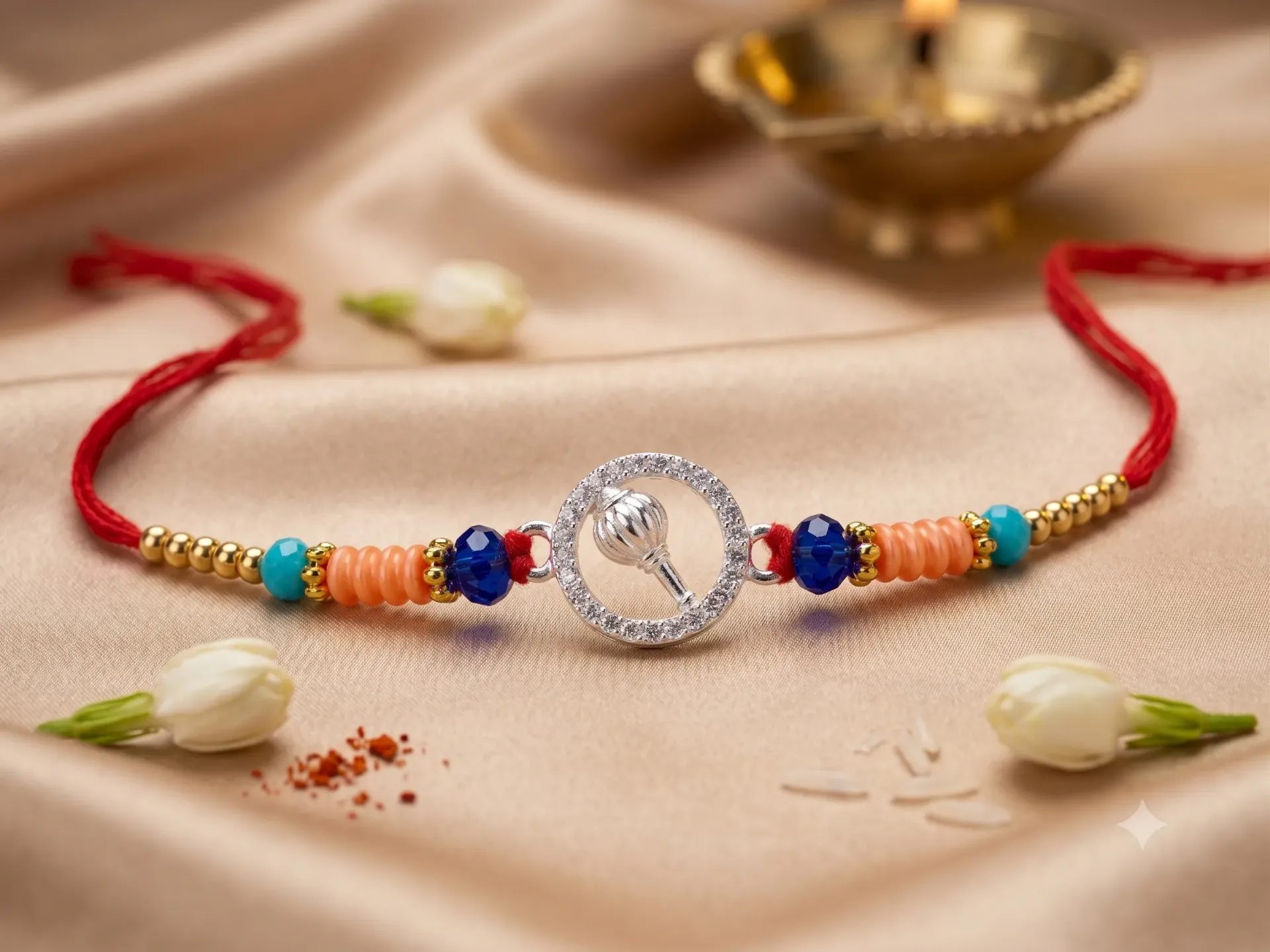 Silver Finish Clear Zirconia Rakhi Bracelet with Hanuman Gada Centerpiecer