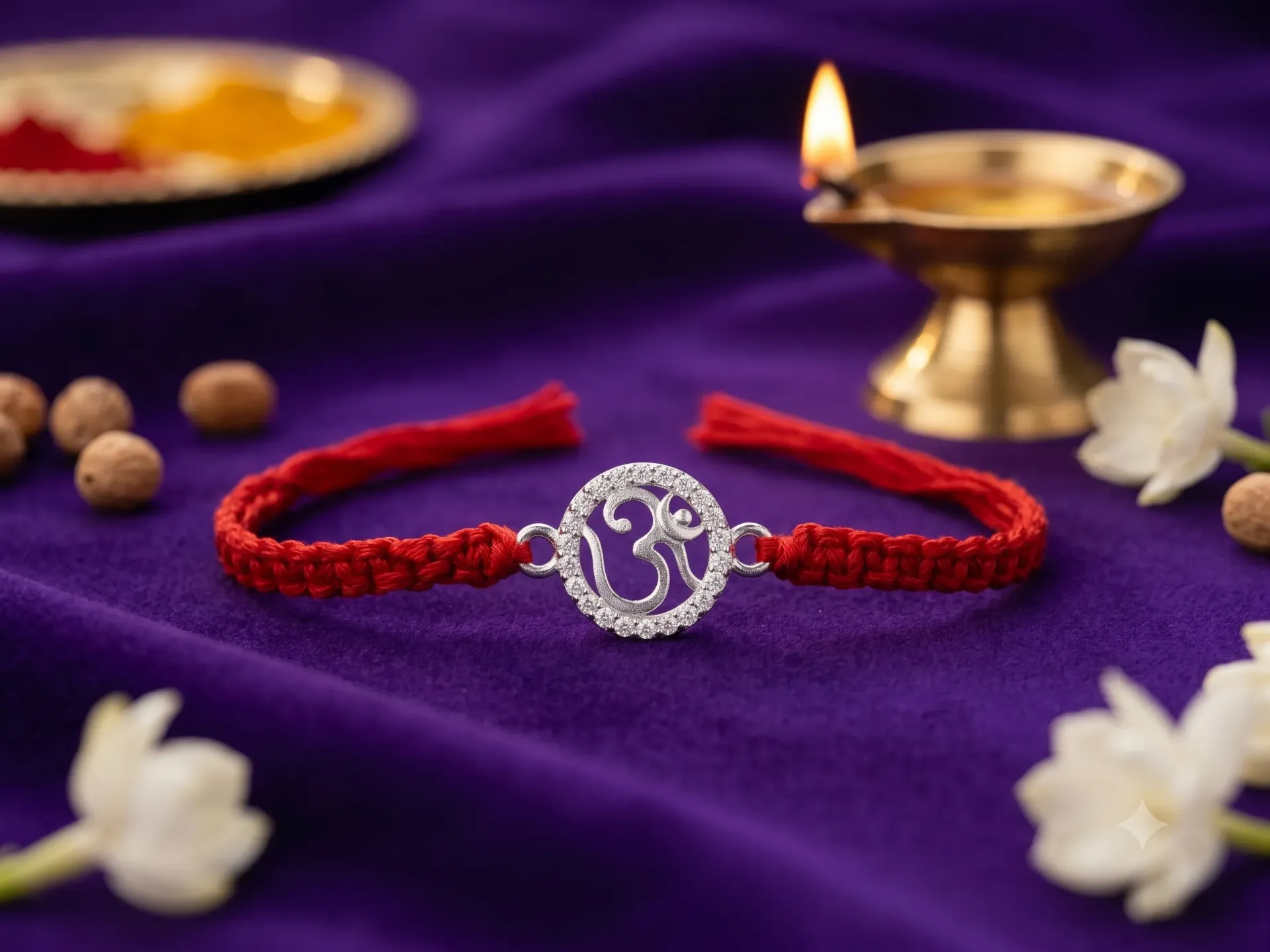 Silver Finish Clear Zirconia Rakhi Bracelet with Om Centerpiece