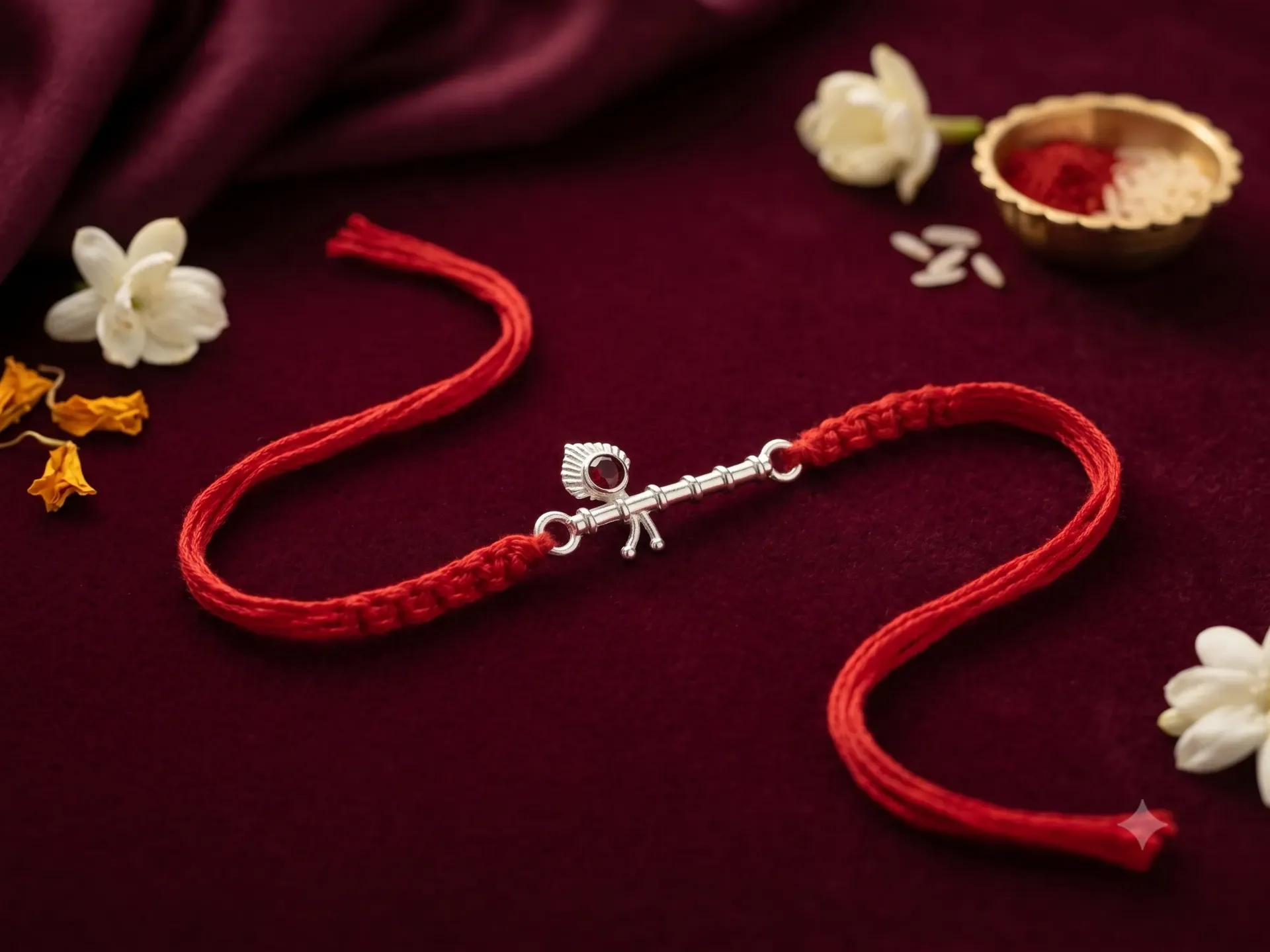Silver Finish Deep Red Stone Rakhi Bracelet with Krishna Flute Centerpiece