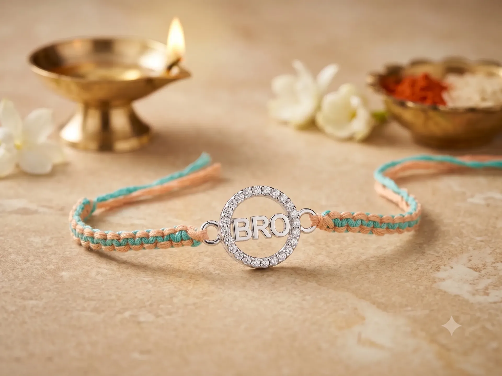 Silver Finish Clear Zirconia Rakhi Bracelet with "BRO" Lettering Centerpiece