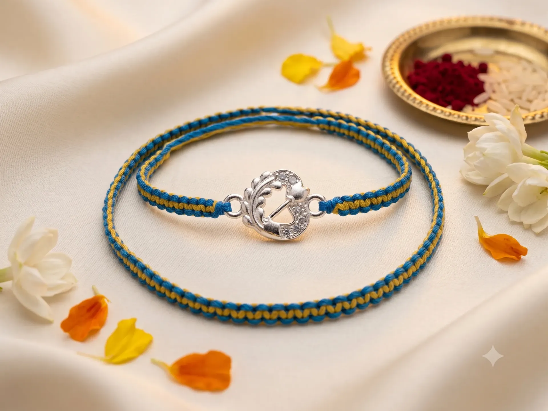 Silver Finish Clear Zirconia Rakhi Bracelet with Abstract Leaf Wreath Centerpiece