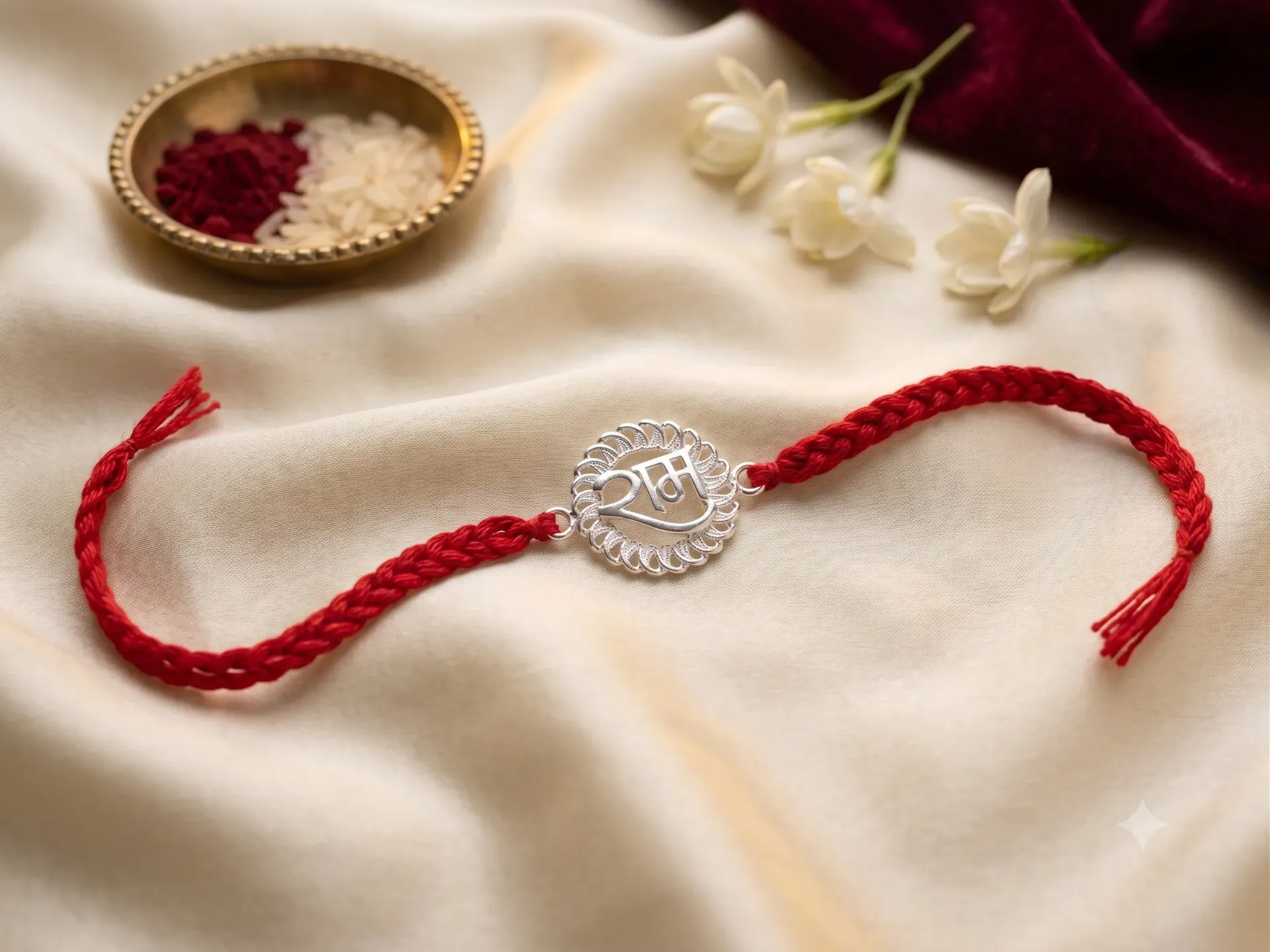 Silver Finish Red Braided Rakhi Bracelet with "Ram" Sunburst Centerpiece