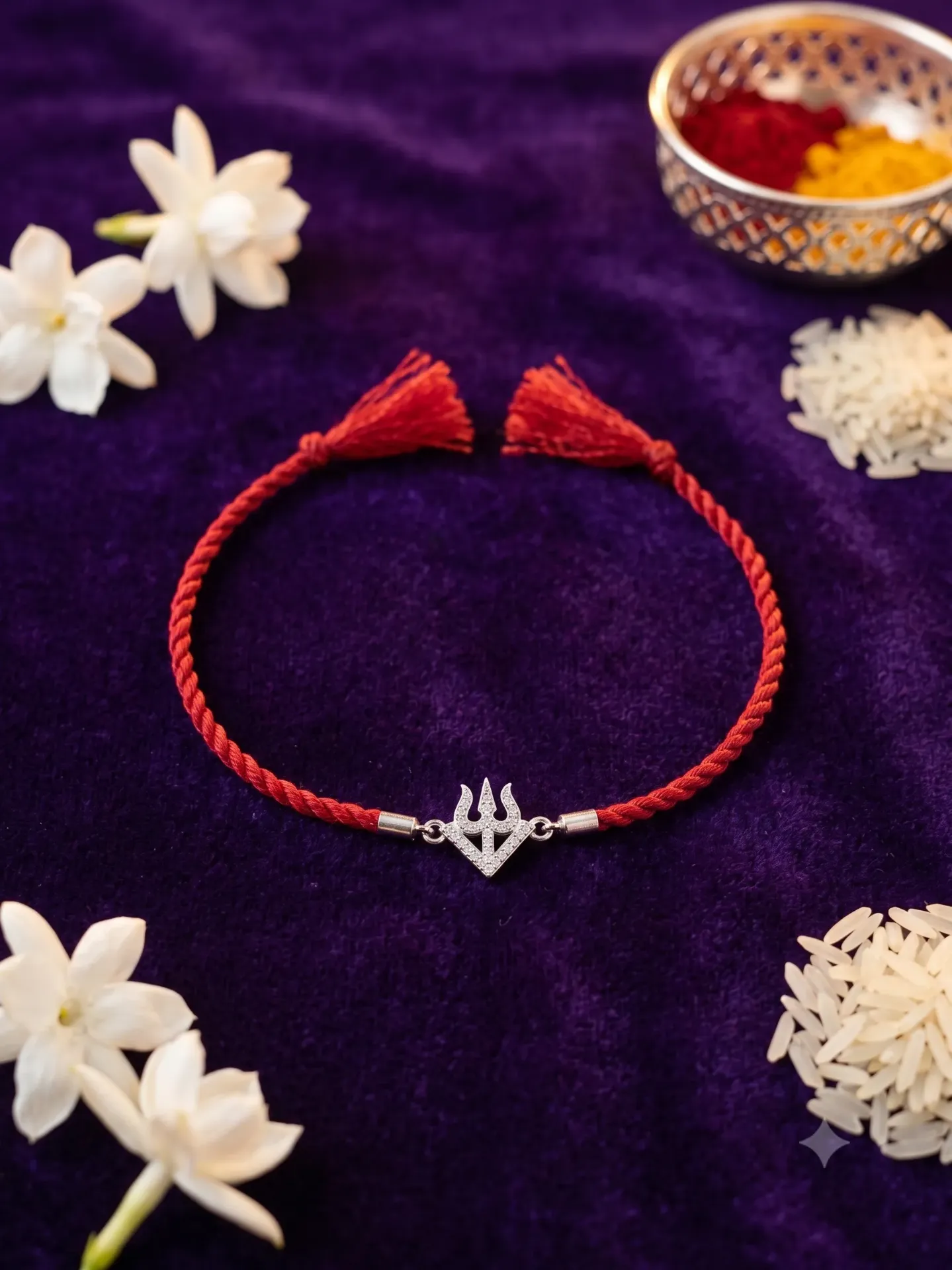Silver Finish Clear Zirconia Rakhi Bracelet with Trishul Centerpiece