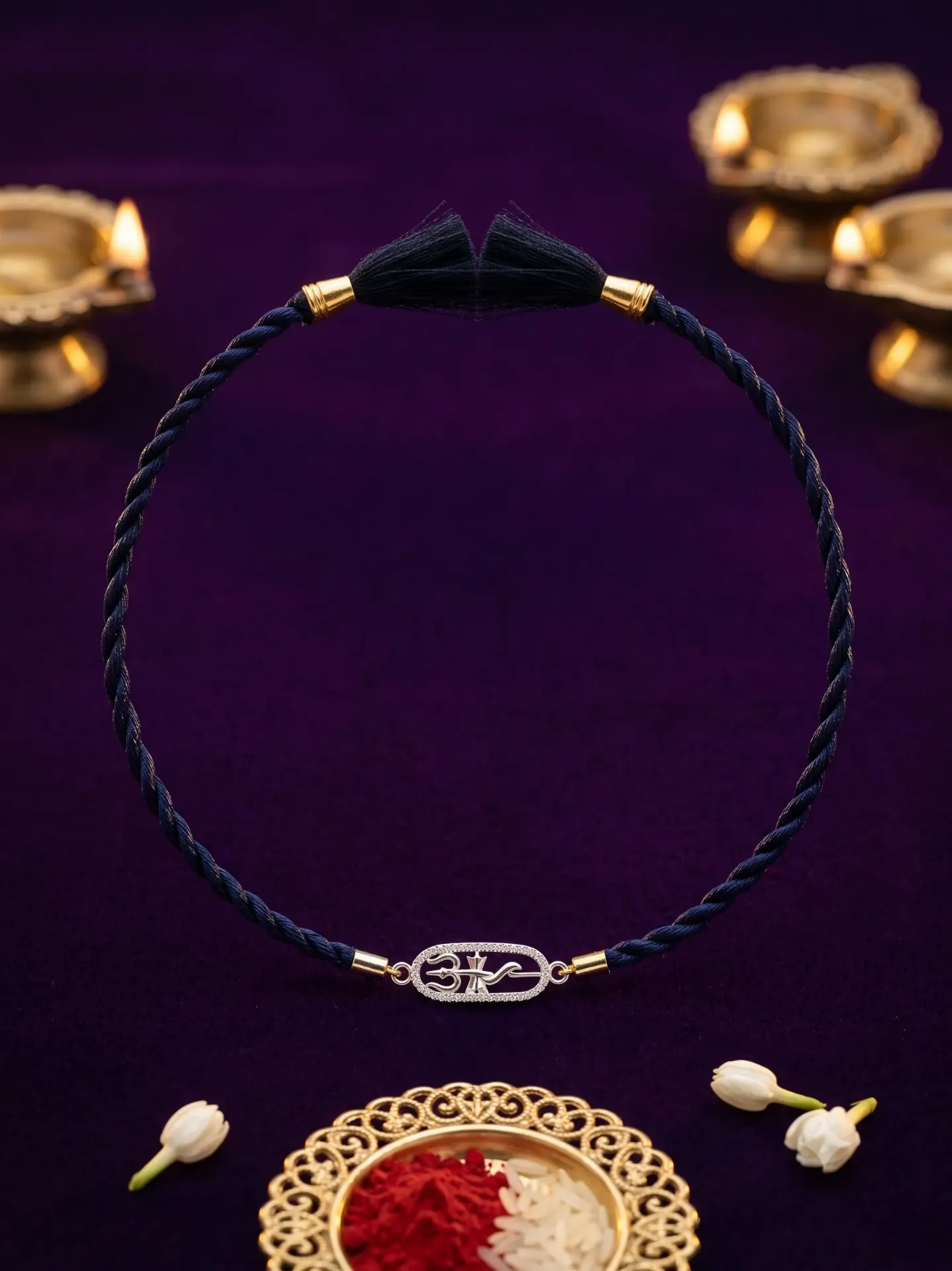 Silver Finish Clear Zirconia Rakhi Bracelet with Trishul & Serpent Centerpiece