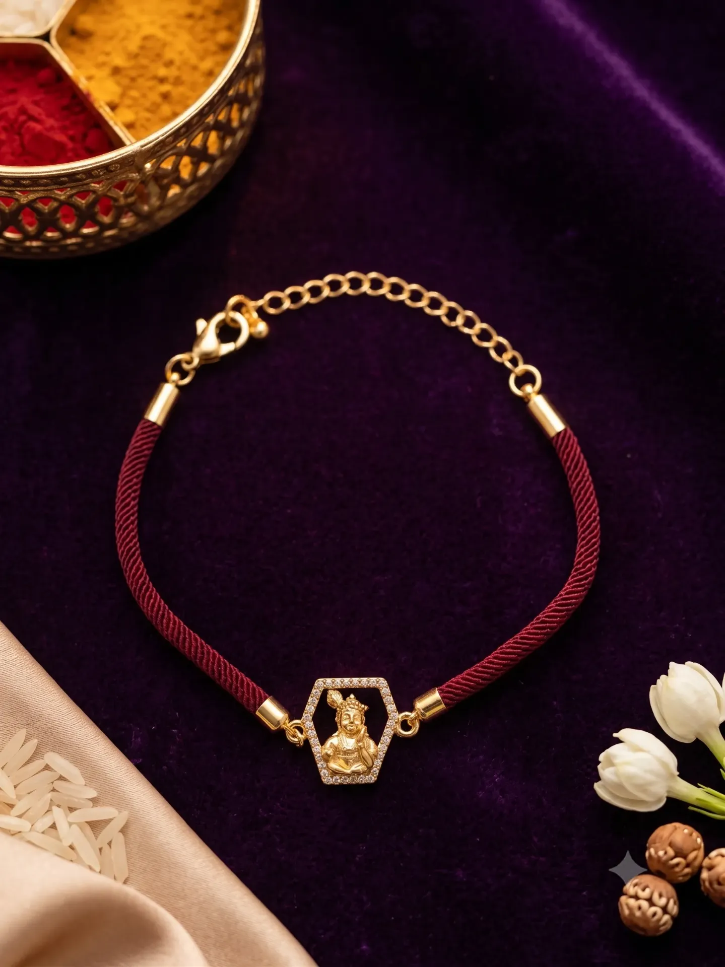 Gold Finish Clear Zirconia Rakhi Bracelet with Hexagonal Bal Krishna Centerpiece