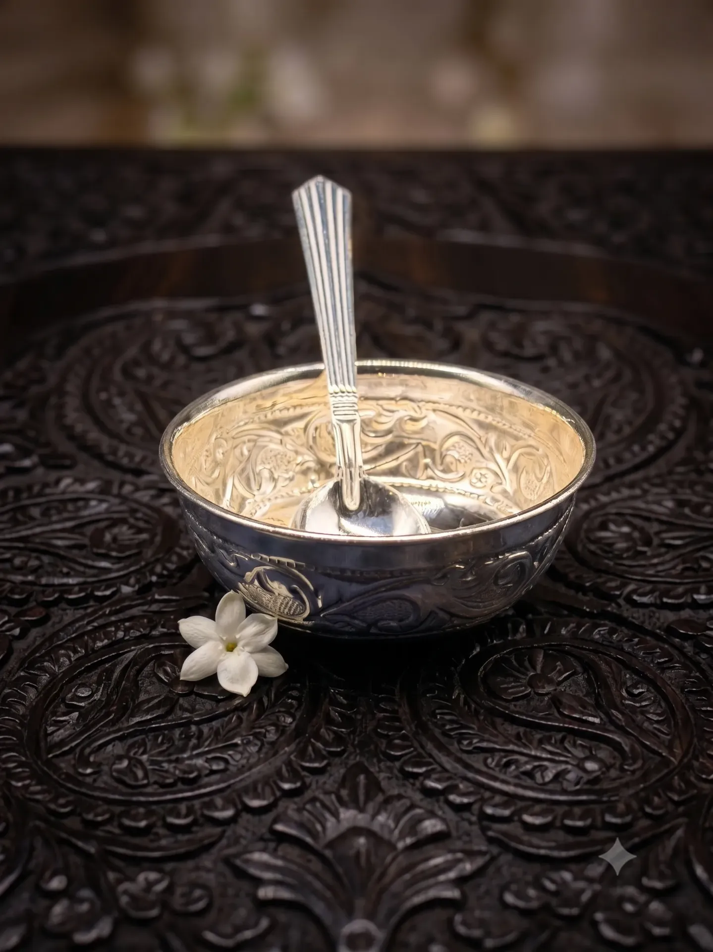 Pure Silver Floral Carved Bowl with Spoon Set 20.84/14.95