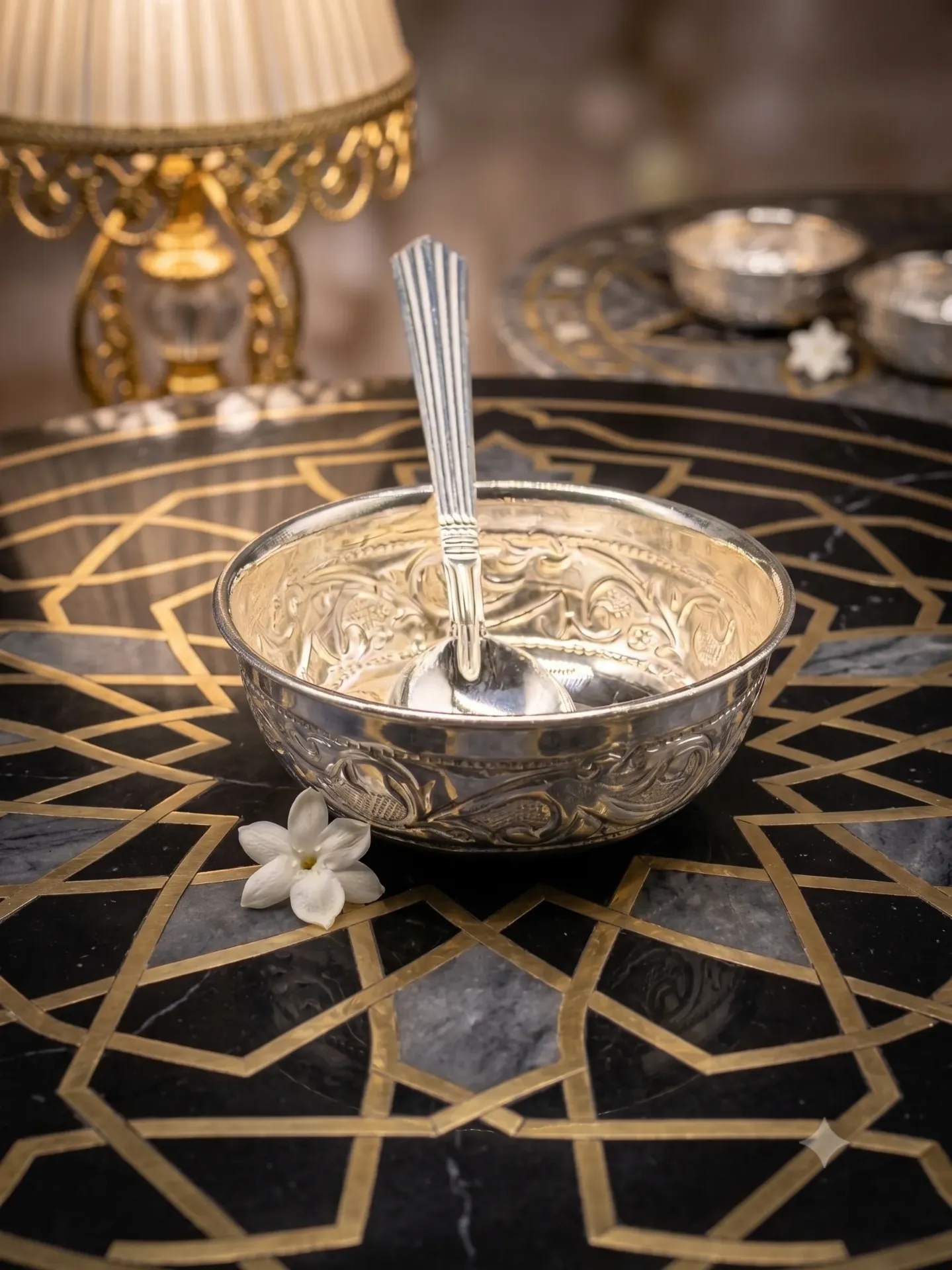 Pure Silver Floral Carved Bowl with Spoon Set 24.57/14.65