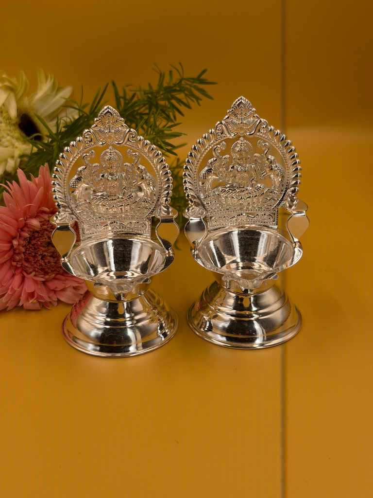 Hallmarked Pure Silver Traditional Gajalakshmi Embossed Diya Pair (Set of 2) 23.17/23.08