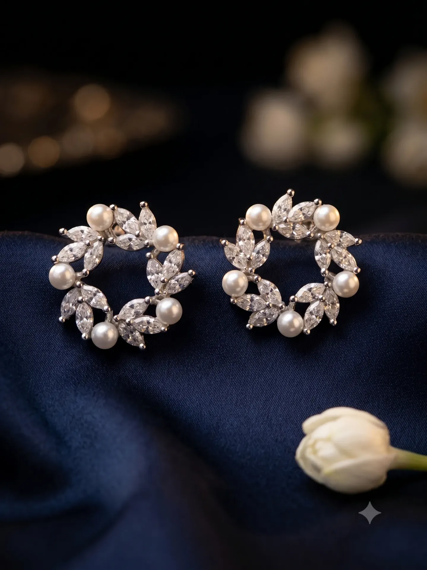 925 Sterling Silver Pearl and Crystal Wreath Stud Earrings (Pair) 2.11