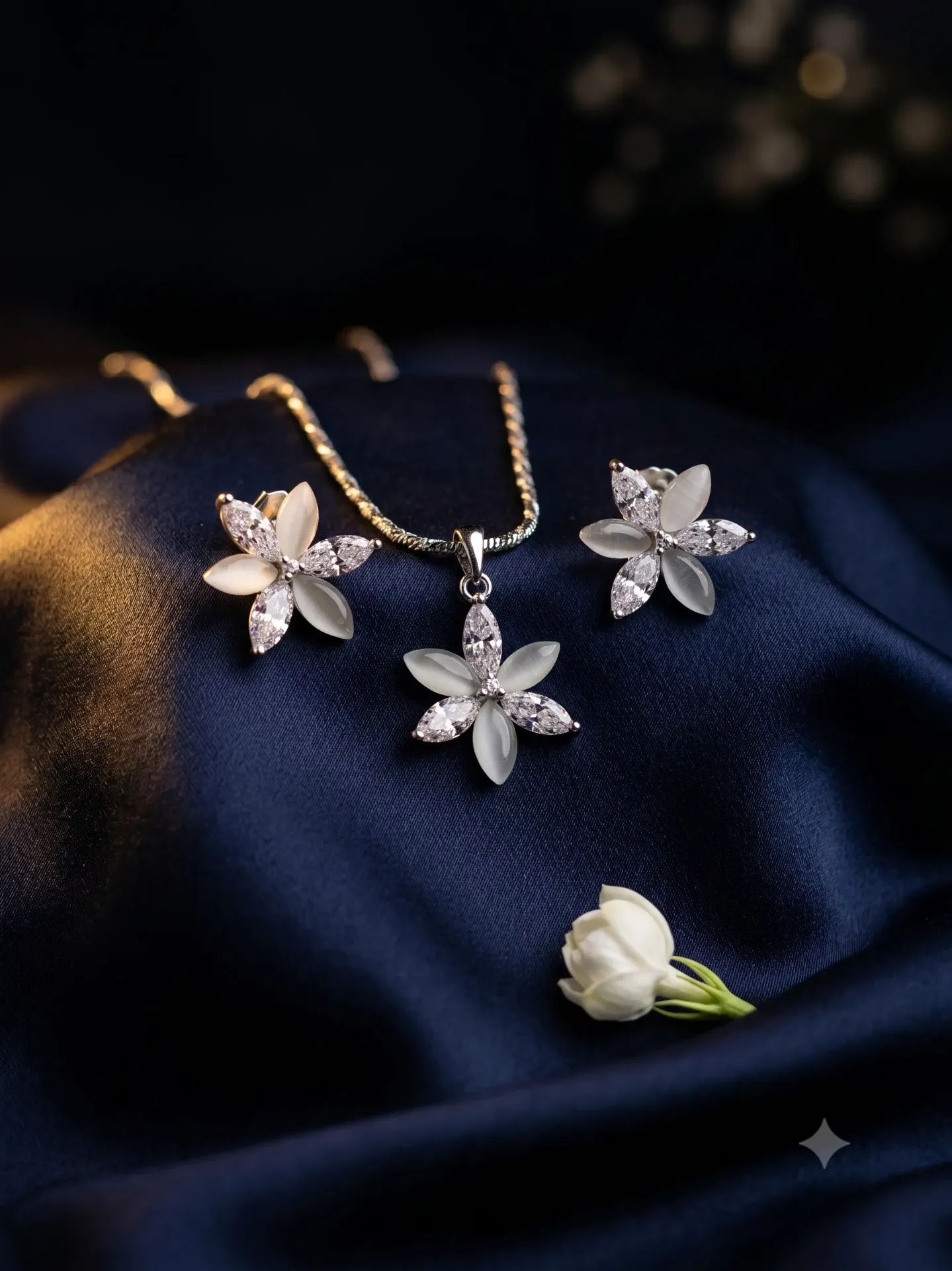 925 Sterling Silver Alternating Crystal Flower Necklace and Earrings Set P 1.32 e 2.59
